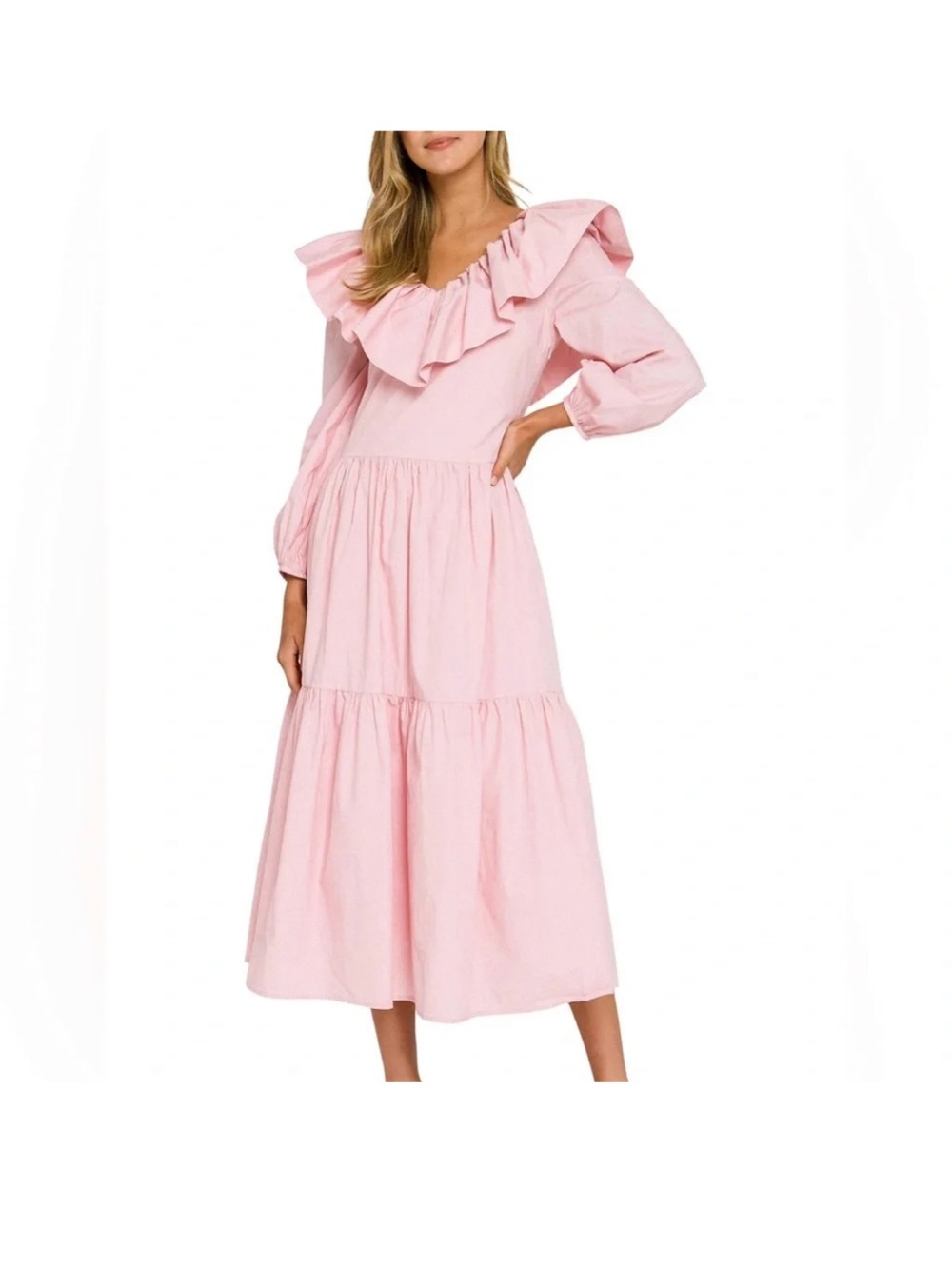 English Factory Pink Ruffled Neck Tiered Midi Dress S Small New with Tags NWT